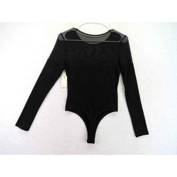 Francesca's Bodysuit Womens Medium Black Mesh Sheer Long Sleeve Ribbed TFD6D180 - Picture 3 of 10